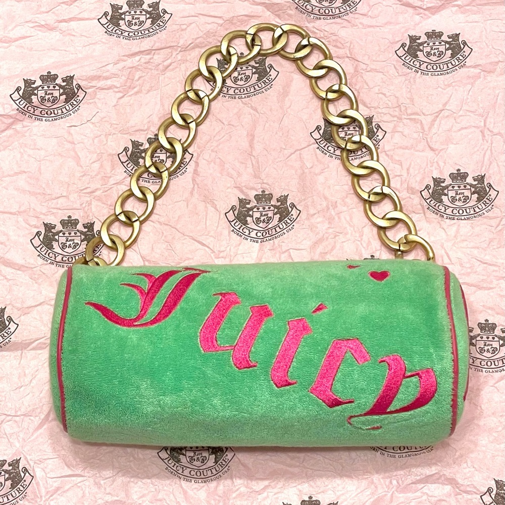 ICONIC JUICY Couture Y2K Vintage Hot Pink Green Princess Crown Heart Barrel Bag - Picture 11 of 12